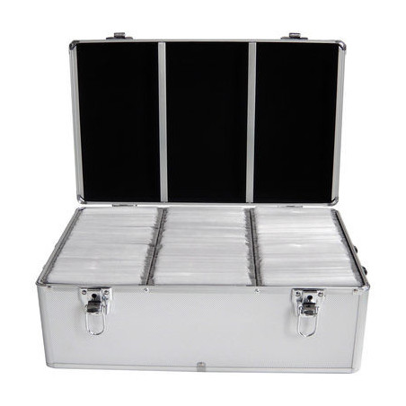 Media storage case for 500 discs, aluminum look, with hanging sleeves, silver